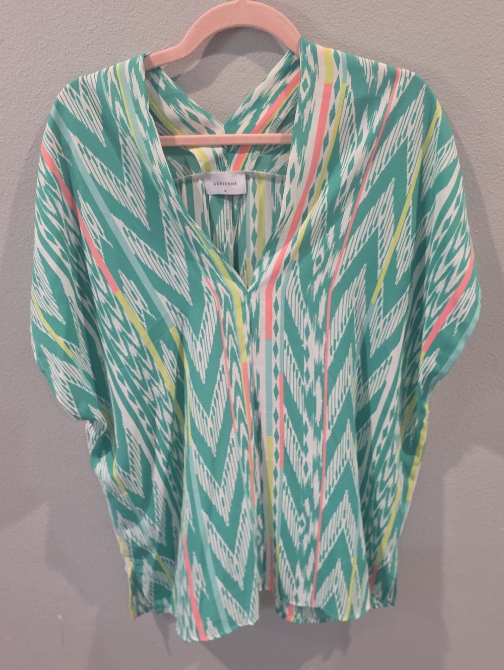Adrienne Mint Chevron Ikat V-Neck Top with Coral Pink & Lemon Stripes